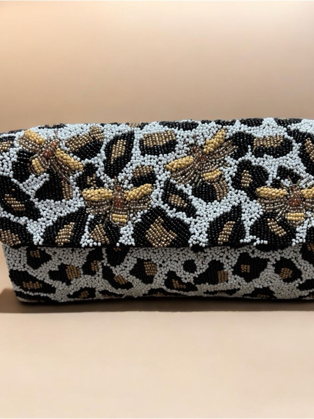 Beaded Leopard-Print Evening Clutch in Black and Gold